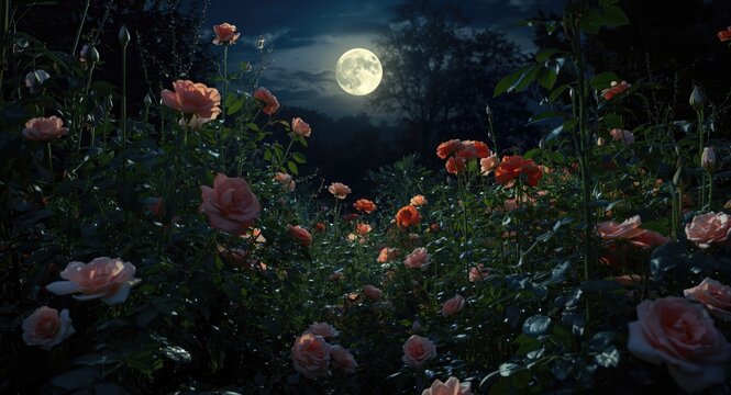 Moonlit enchanted garden filled with tender roses and fantasy Eustoma flowers at night