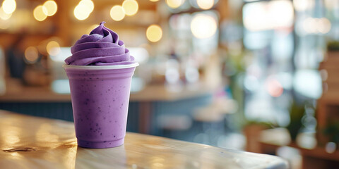 Naklejka premium Purple frozen dessert in cup on wooden table with blurred cafe background and lights