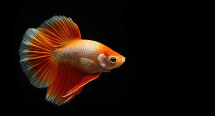 Orange and white Siamese fighting fish swimming against black background with copy space