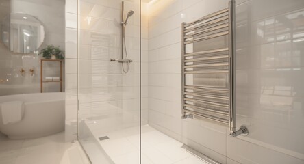 Elegant white bathroom showcasing a stylish heated towel rail