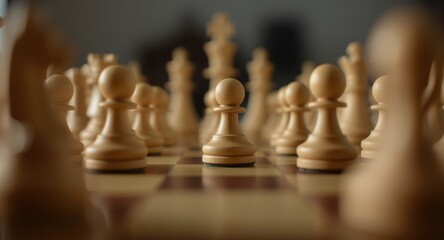 Close up shallow depth perspective of chess pieces during strategic play on board