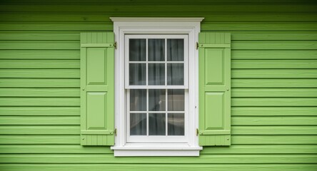 Retro exterior with green siding and a shuttered double hung window featuring white wooden trim
