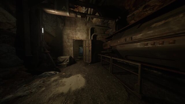 small utility room with open locker, covered object draped in dusty sheet and metal shelves lined with forgotten crates. Pipes and valves run along stained