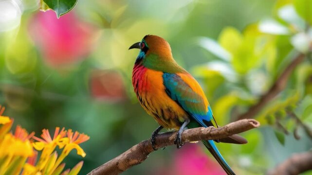  A vivid bee-eater perches gracefully on a branch, its vibrant plumage a stunning contrast against a blurred backdrop of blooming flowers and foliage.