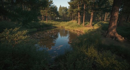 Fototapeta premium Overhead view of a serene pond bounded by lush pine tree vegetation