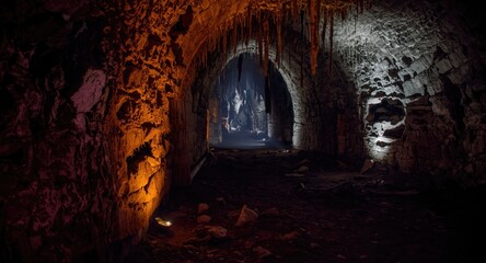 Obraz premium endless medieval stone catacombs filled with a mystical nightmare and firelight