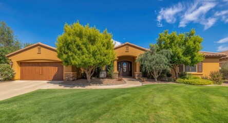 Obraz premium Picturesque ranch style dwelling featuring golden and mustard stucco, lush landscaping, and a vivid blue sky