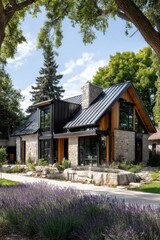 Naklejka premium A contemporary home featuring a stunning design of stone and wood is situated in a peaceful residential neighborhood on a bright, sunny day. It is beautifully surrounded by lush greenery.