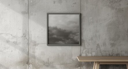 Fototapeta premium Monotone sky image in grey rectangle frame mounted on rough concrete wall adjacent to table