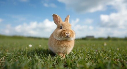 Fototapeta premium A joyful pet rabbit playing on a lush green grass lawn with a full length summer view