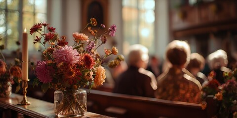 Obraz premium Church flowers: Colorful bouquets and lit candles adorn pews filled with worshipers.