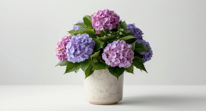 Hydrangea plant in pot with vibrant purple and pink flower clusters and lush green foliage on white