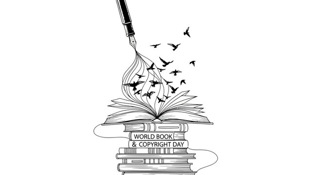 Creative Storytelling: Open Book with Birds Flying from Ink and Fountain Pen