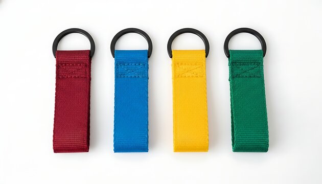 Set of four colorful nylon webbing keychains on white background