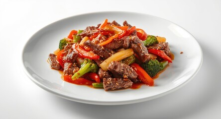 Fototapeta premium Sesame beef stir fry with mixed vegetables on a white background plate