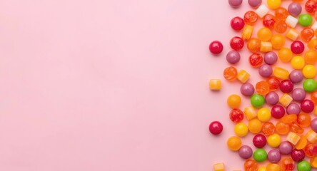Obraz premium Candy assortment in multiple colors spread over a plain pink background featuring copy space