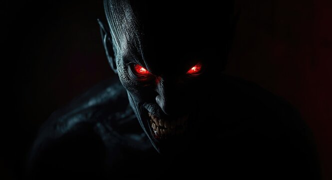 Shadowy demonic entity with shining red eyes conveying menace and dread with copy space