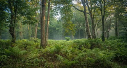 Fototapeta premium Green forest terrain with abundant tall trees and rich natural underbrush