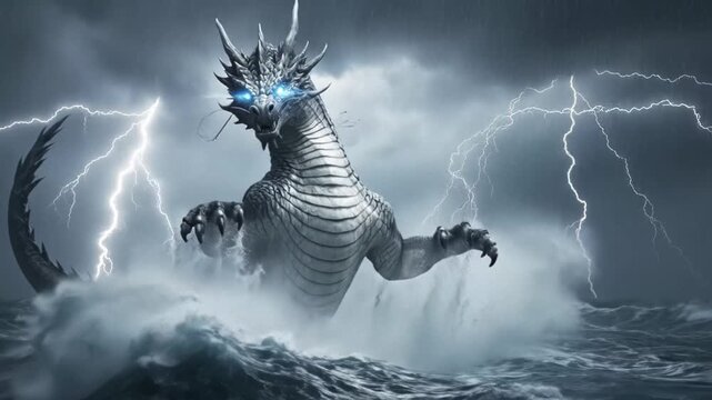 Giant Sea Monster Emerging from Stormy Ocean with Lightning Fantasy Scene