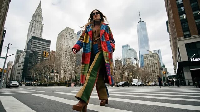 Stylish woman in colorful patchwork coat walks across Manhattan crosswalk with skyscrapers behind. Bold urban fashion statement. Ideal for lifestyle and apparel marketing.