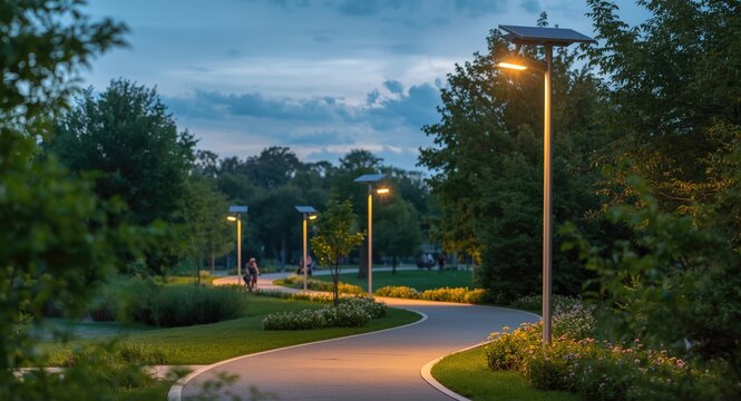 Solar powered street lamps illuminating a bicycle path in a lively park setting