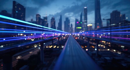 Obraz premium High tech city with continuous luminous bands symbolizing growth and future