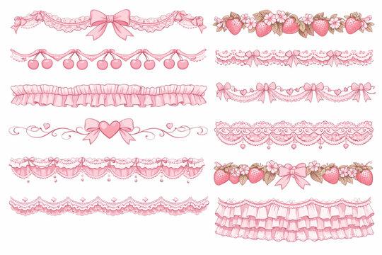 Vintage coquette lace dividers set. Hand drawn pink elegant ribbon, bow, strawberry, cherry, cloth ruffle, frill seamless borders. Cute ornament girly vector decor 