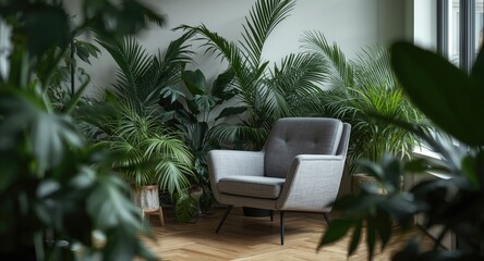 Fototapeta premium Trendy urban apartment decorated with a grey armchair and diverse indoor palm and monstera plants