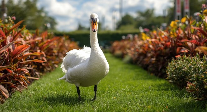 Joyful pet swan nene on a full length summer green grass lawn with vibrant plants