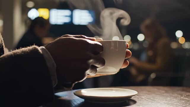 Warm steam rises from a beautifully crafted cup as hands gently hold it, surrounded by a cozy cafe buzzing with conversation and glowing ambiance, inviting tranquility and comfort.