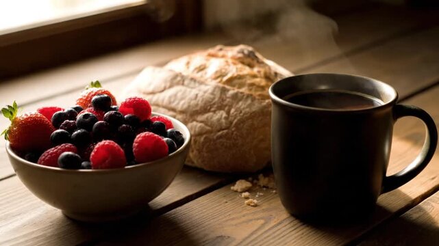 Delicious breakfast with fresh berries and a steaming cup of coffee next to freshly baked bread on a rustic wooden table