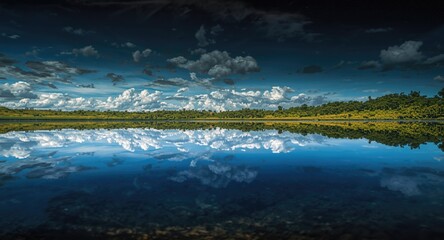 Still water of lagoon mirroring the vivid and beautiful sky above