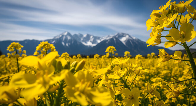Blooming yellow rapeseed field (Rapsfeld) with snow-capped Alps mountains in the background, scenic Bavarian spring landscape.