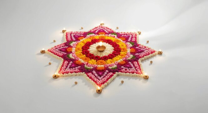 Festive Diwali flower rangoli composition on smooth white backdrop
