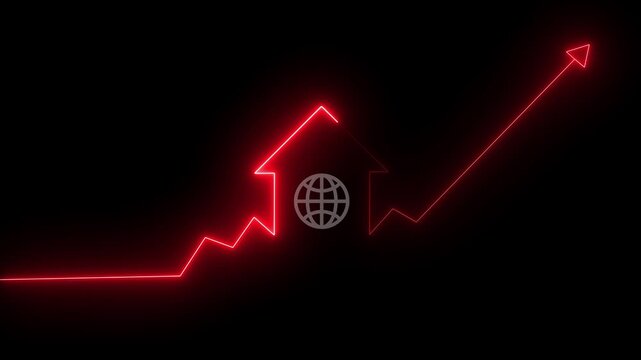 Home icon house sign neon lights animation with up arrow battery charging power icon. Neon House, home building animation. Neon home business graph icon animation, Lightning bolt sign charger