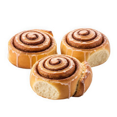 Fototapeta premium Three freshly baked cinnamon swirl pastries on a transparent surface.