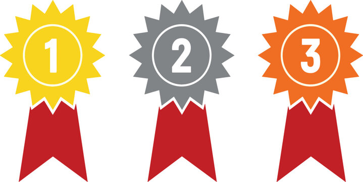 Award ribbon badges set with first second third place medals for ranking, achievement, competition and winner concept vector illustration
