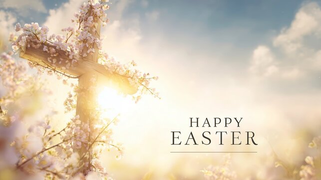 Cross adorned with flowers against a bright sky for Easter celebration  