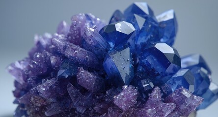 Fototapeta premium Close up focus on uncut blue and purple mineral crystals with natural facets resembling precious tanzanite stones