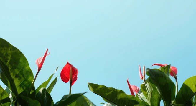 Sunlit anthurium vittarifolium plants viewed from below with copy space background for text or design