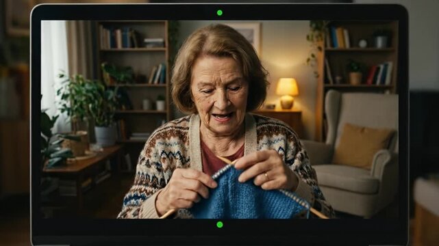 Senior woman waves and knits during a video call on a laptop screen. Warm home atmosphere showing connection across generations. Ideal for technology, lifestyle, and aging concepts.