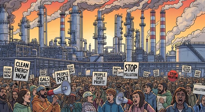 Protesters marching against industrial pollution and climate change.