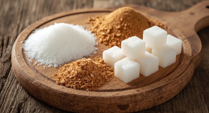 Assorted natural sweeteners displayed on a rustic wooden board featuring white sugar, brown sugar, and sugar cubes