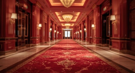 Fototapeta premium Interior corridor of a luxury hotel with crimson ambient lighting and smooth bokeh backdrop