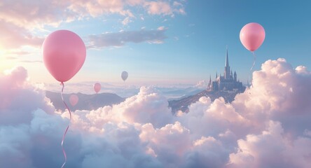 Obraz premium Magical 2D wallpaper featuring soft hues balloons clouds and a fantastical backdrop