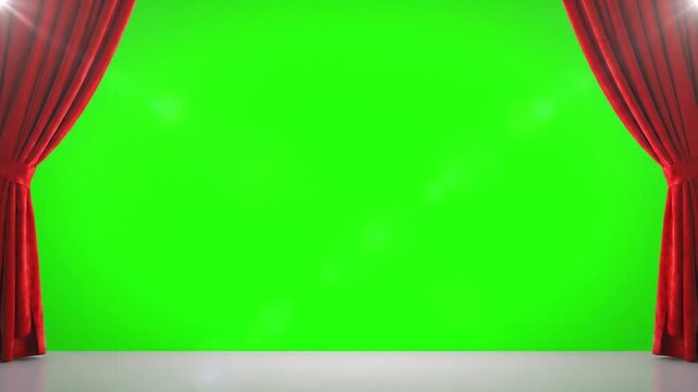 Red Theater Curtains Opening Reveal Green Screen Stage Background with Spotlight and Space for Text