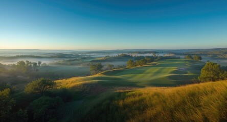 Fototapeta premium Morning aerial panorama of expansive golf course and softly rising hills
