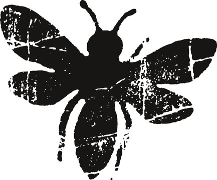 grunge bee silhouette with worn texture distressed insect icon isolated on white background, vintage