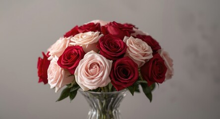 Fototapeta premium Polished artificial rose bouquet arranged in vase with understated background and copy space for Womens and Mothers Day theme
