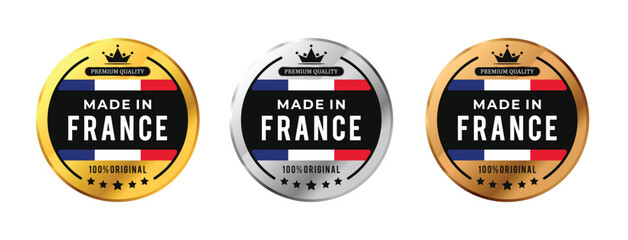 Premium Made in France circle badge vector set with shiny glossy gold silver bronze frames, classic crown stars and Italian flag. High quality logo, icon, sign, tag, label, emblem, seal, sticker.